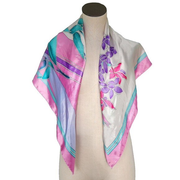 Unknown Brand Womens Ivory Pink Purple Floral Print Square Silk Scarf 34 X 34 - Picture 2 of 7